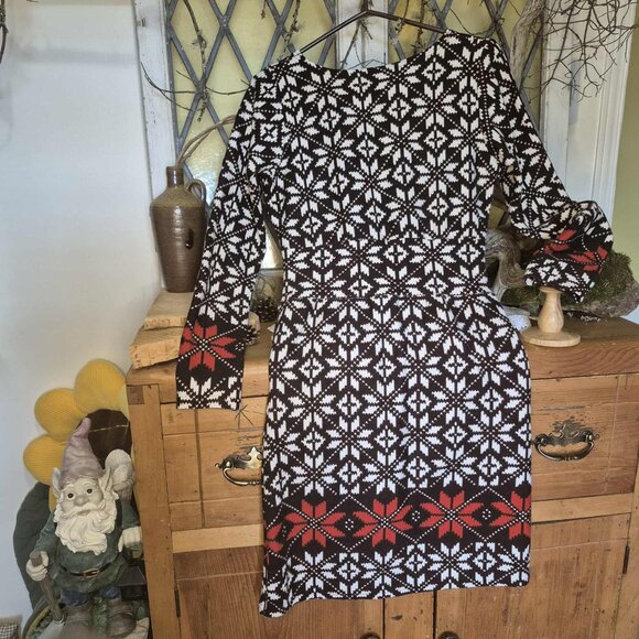 🍄 50% OFF - Scandinavian Floral Print Knit Midi Fitted Dress Cream Brown Orange - Picture 4 of 15